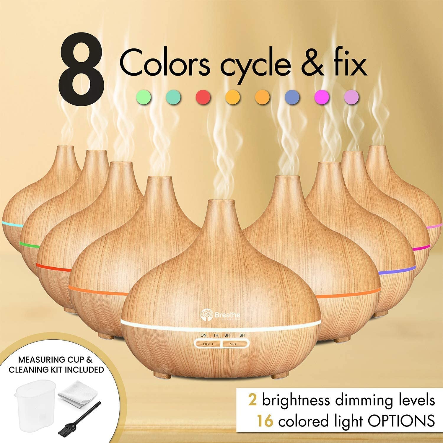 Oil Diffuser | 550Ml Diffusers for Essential Oils with Cleaning Kit & Measuring Cup, 18 Hour Runtime, 16 LED Light Settings & Auto Power off (Natural Oak)